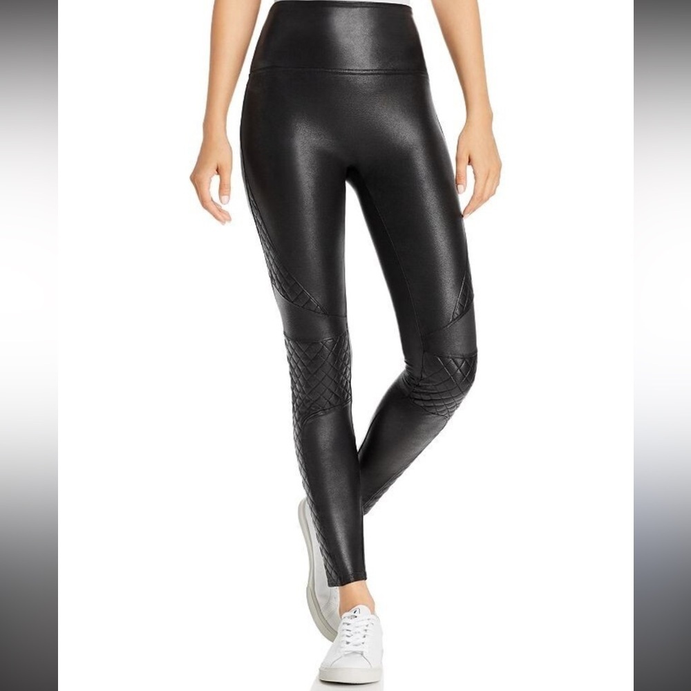 SPANX Black faux leather Leggings moto quilted high rise pull on medium